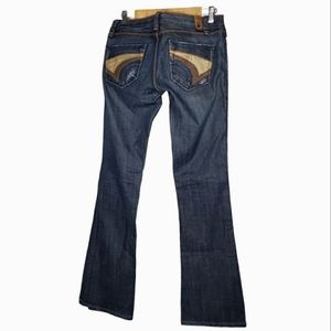 Vtg Odyn Low Rise Distressed Leather Pocket Long Denim Western Country Jeans 29